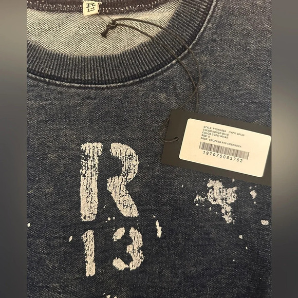 NWT R13 Cropped Distressed Crewneck Sweatshirt in Indigo Blue Paint | size S - Picture 4 of 12